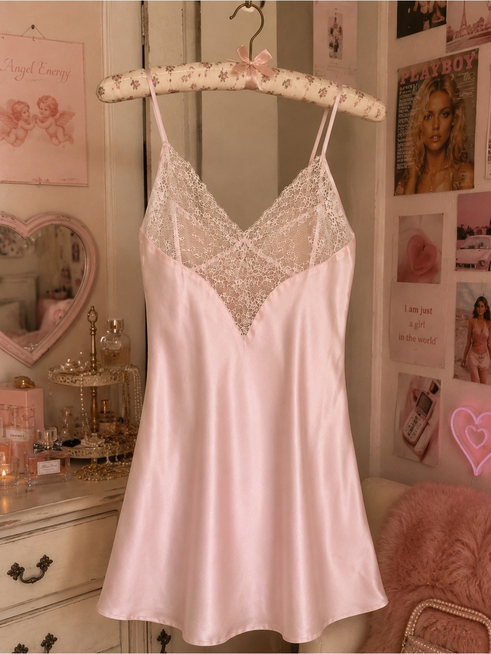Victoria’s Secret Blush Pink Satin Lace Slip Nightgown Chemise Sleep Dress M Y2K